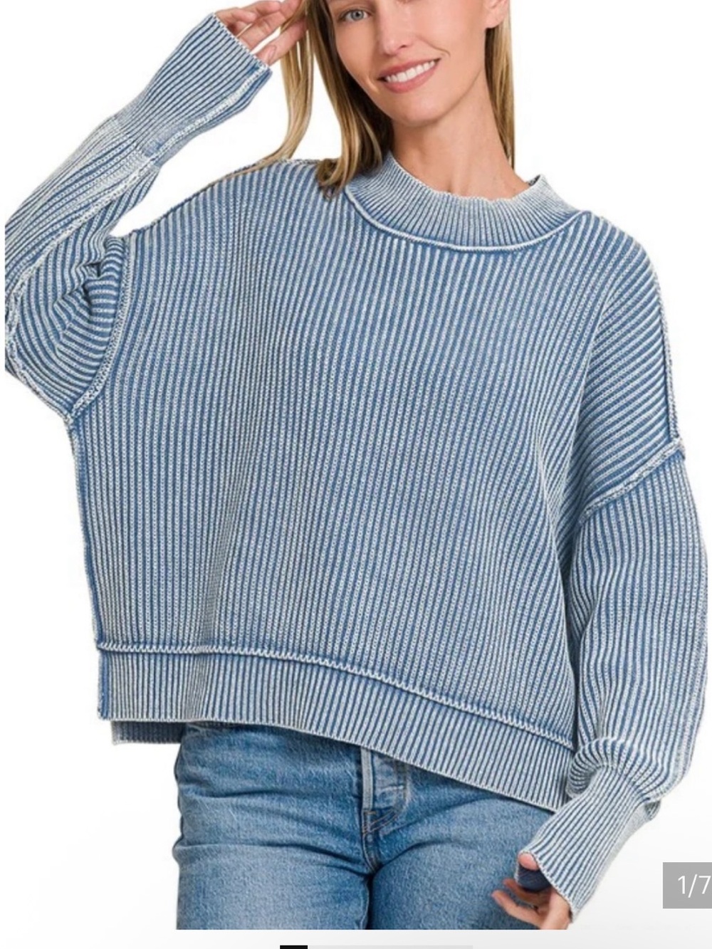 Zenana Outfitters Light Blue & White Ribbed Crewneck Sweater